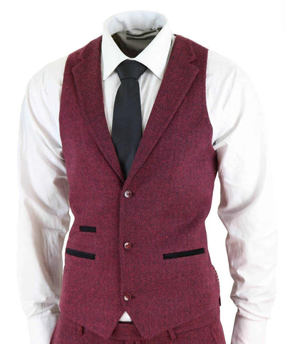 Mens 3 Piece Wine Herringbone Wool Tweed Retro Suit