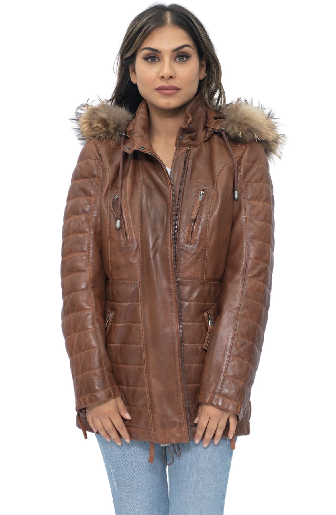 Womens Quilted Leather Parka Jacket-Curitiba