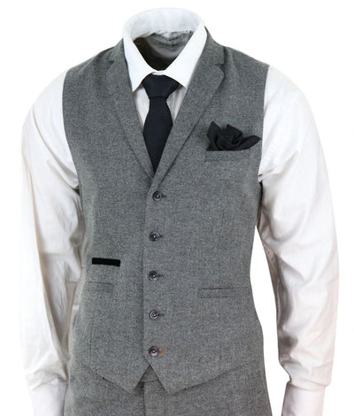 Mens 3 Piece Dark Grey Herringbone Wool Tweed Retro Suit