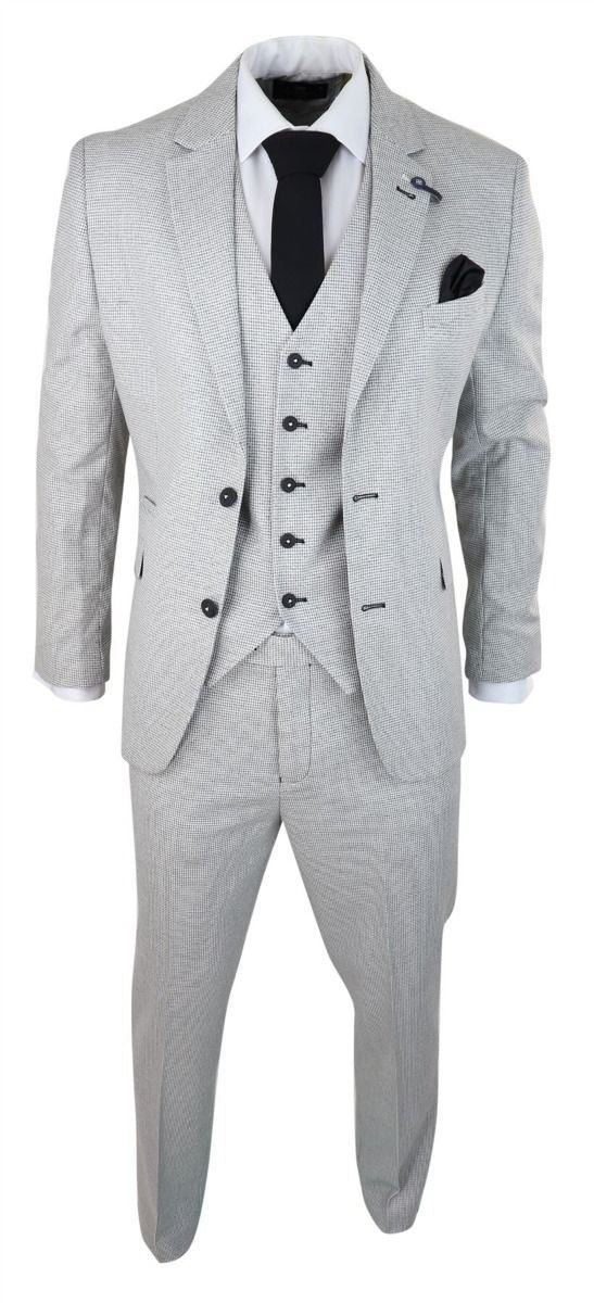 Mens 3 Piece Light Grey Check Tweed Retro Classic Suit