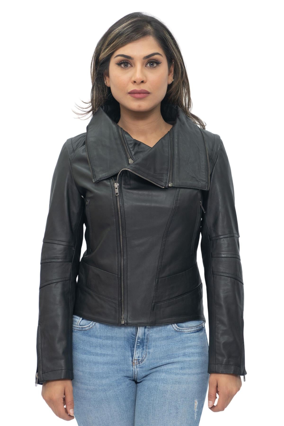 Womens Detachable Collar Leather Biker Jacket-Rosario