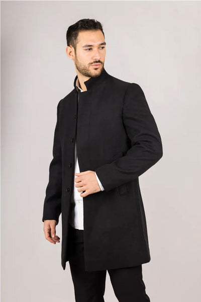 Men's Black Stand Collar Wool Blend Overcoat