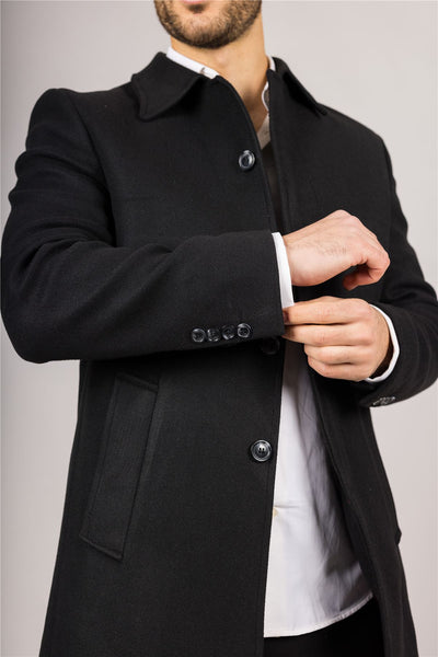 Men's Wool Blend Classic Collar Black Overcoat