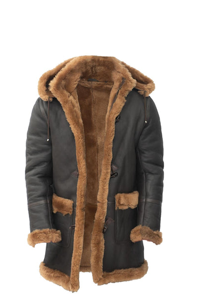 Mens Winter Sheepskin Hooded Duffle Coat-Isleworth