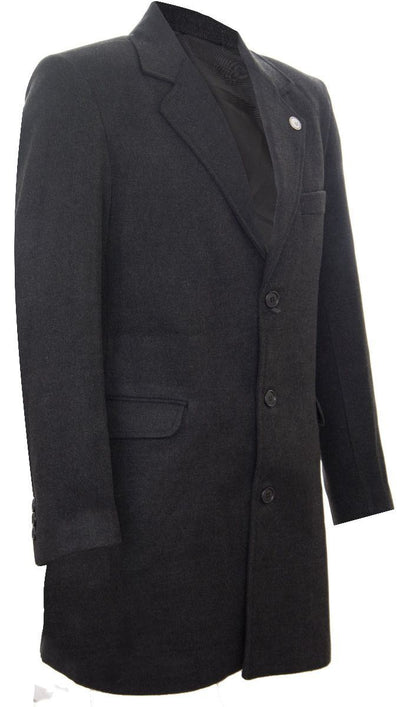 Men's Long Charcoal Wool Slim Fit Overcoat