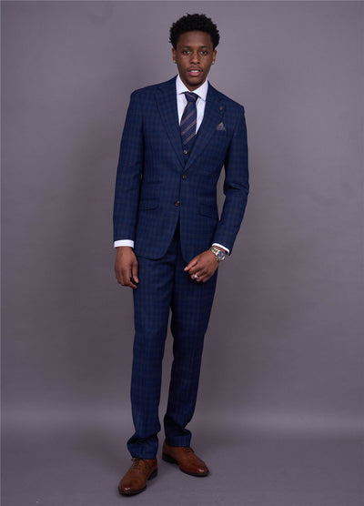 Men's Navy Blue Plaid Check 3 Piece Suit Slim Fit Formal Suit