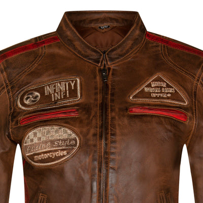 Womens Biker Racing Badges Leather Jacket-Eastleigh - Upperclass Fashions 