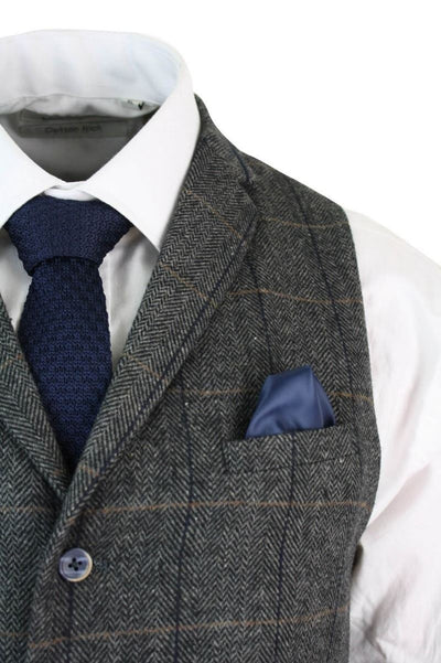 Mens 3 Piece Charcoal Grey Check Tweed Herringbone Vintage Classic Suit