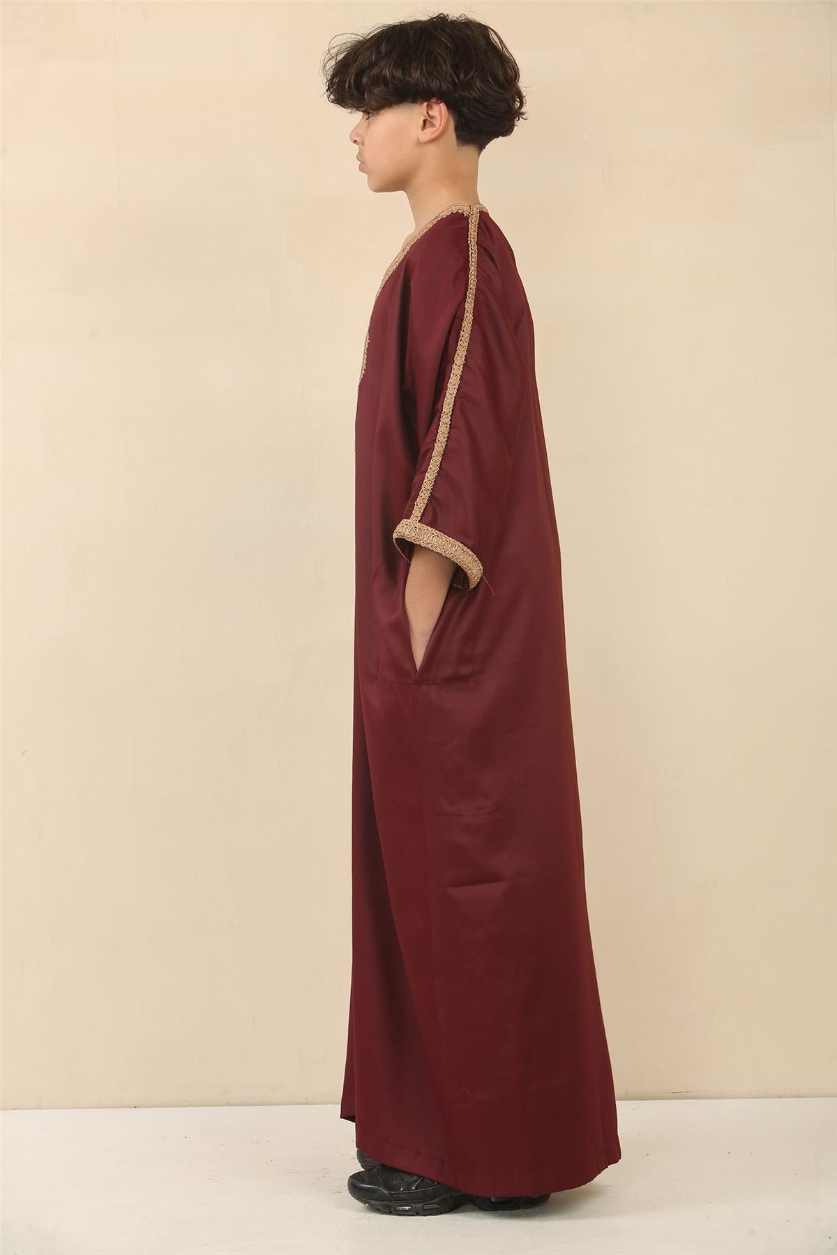 Kid's Boys Burgundy Moroccan Thobe Jubba Robe Eid Djellaba Gandoura