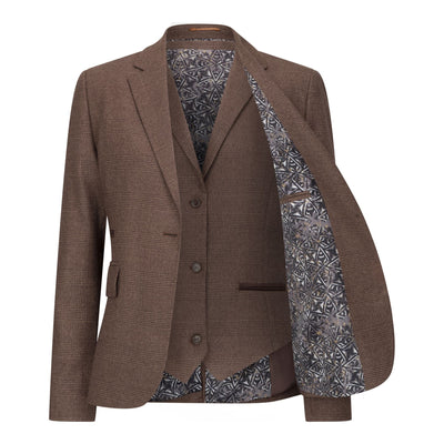Women's Brown Three-Piece Tailored Fit Suit in Prince of Wales Check
