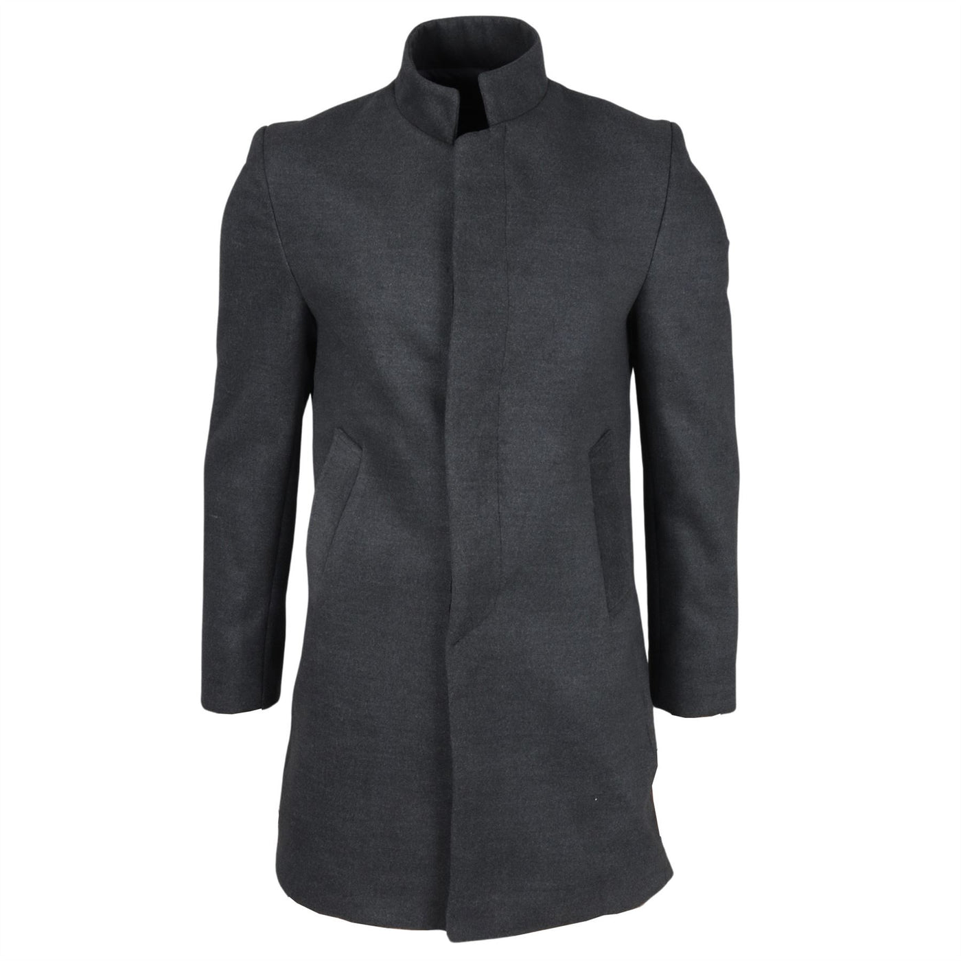 Men's Grey Stand Collar Wool Blend Overcoat
