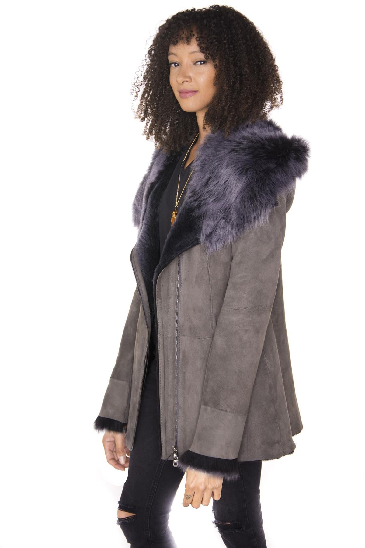 Womens Grey Suede Hooded Merino Sheepskin Coat-Monrovia