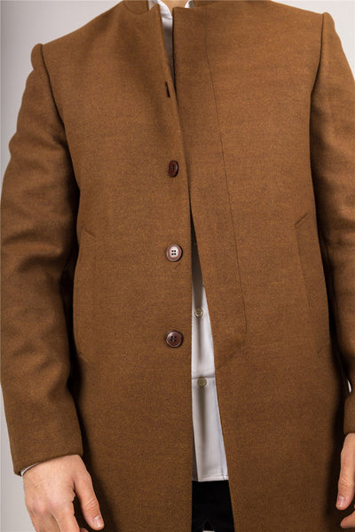 Men's Brown Stand Collar Wool Blend Overcoat