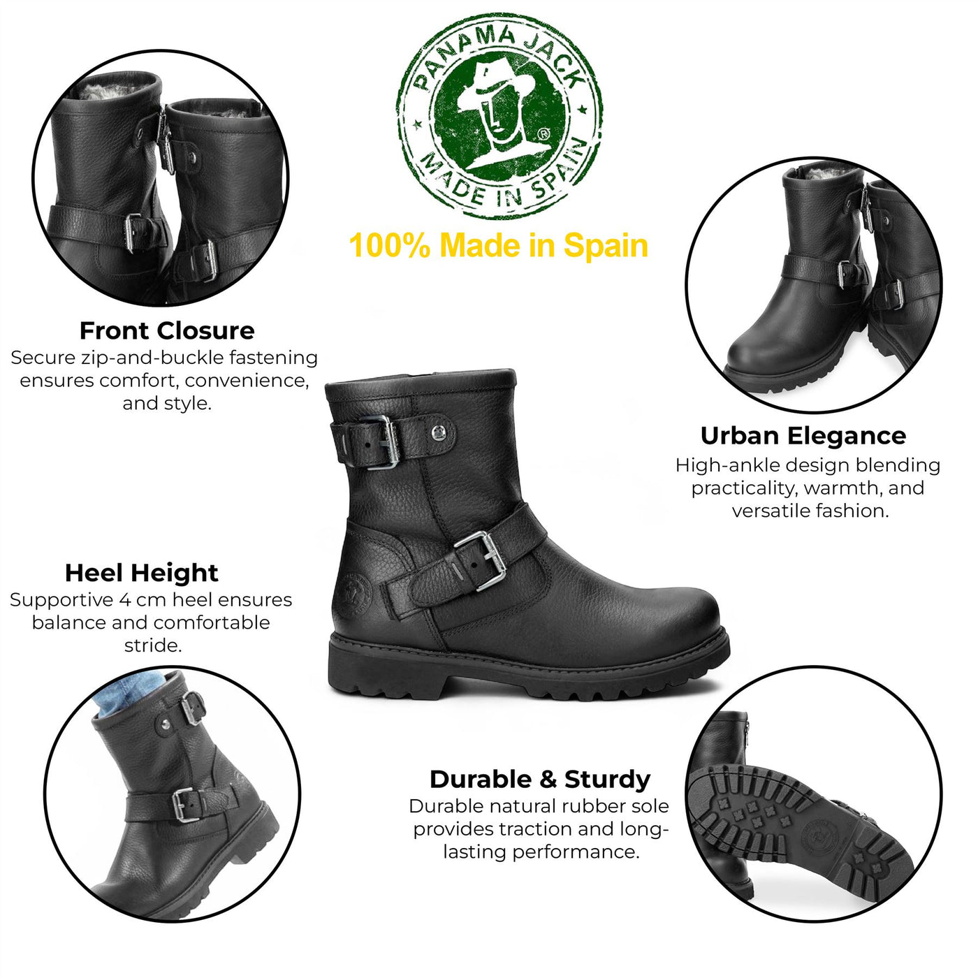Panama Jack Women's Felina B9 Black Waterproof Leather Buckle Ankle Boots