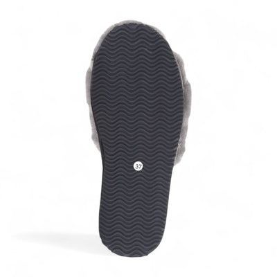 Women's Sheepskin Slippers Grey Warm Winter Fur Sliders - Nordic