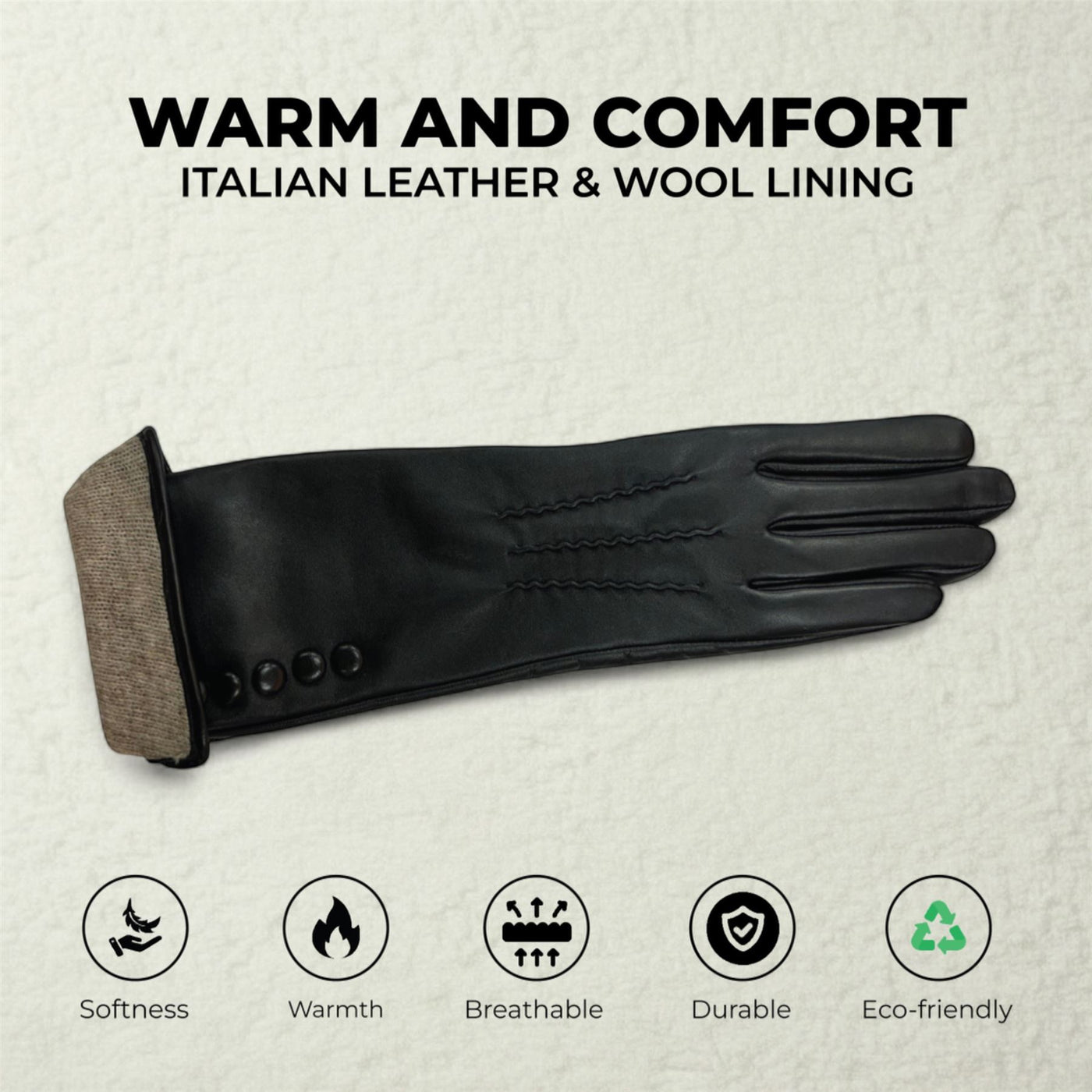Womens Long Italian Leather Winter Button Design Soft Wool Lining Gloves - L-GLV-201