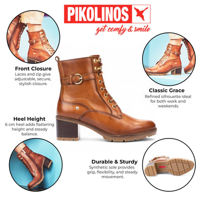 Pikolinos Women’s Brandy Brown Leather Mid-Heel Combat Ankle Boots - Llanes