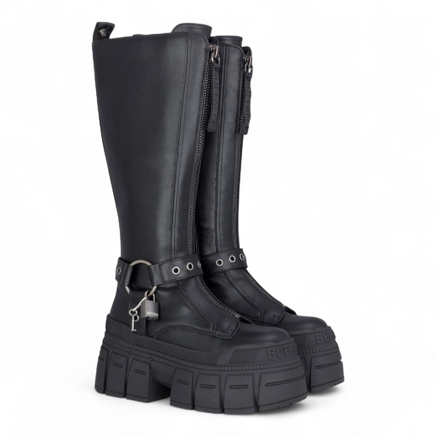 Buffalo Womens Biker Knee High Black Chunky Goth Platform Boots - Gospher Hi