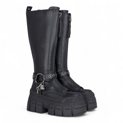 Buffalo Womens Biker Knee High Black Chunky Goth Platform Boots - Gospher Hi
