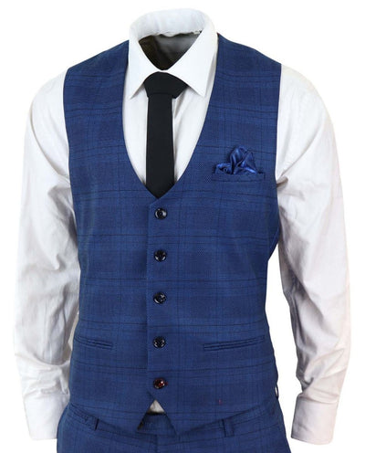 Mens 3 Piece Blue Birdseye Check Classic Suit