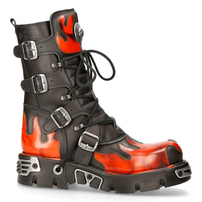 New Rock Flame Accented Black/Red Leather Boots- 591-S1