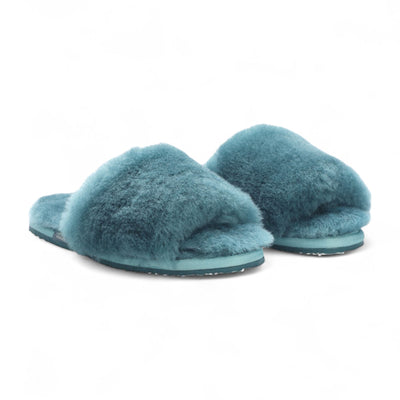 Women's Sheepskin Slippers Teal Warm Winter Fur Sliders - Nordic