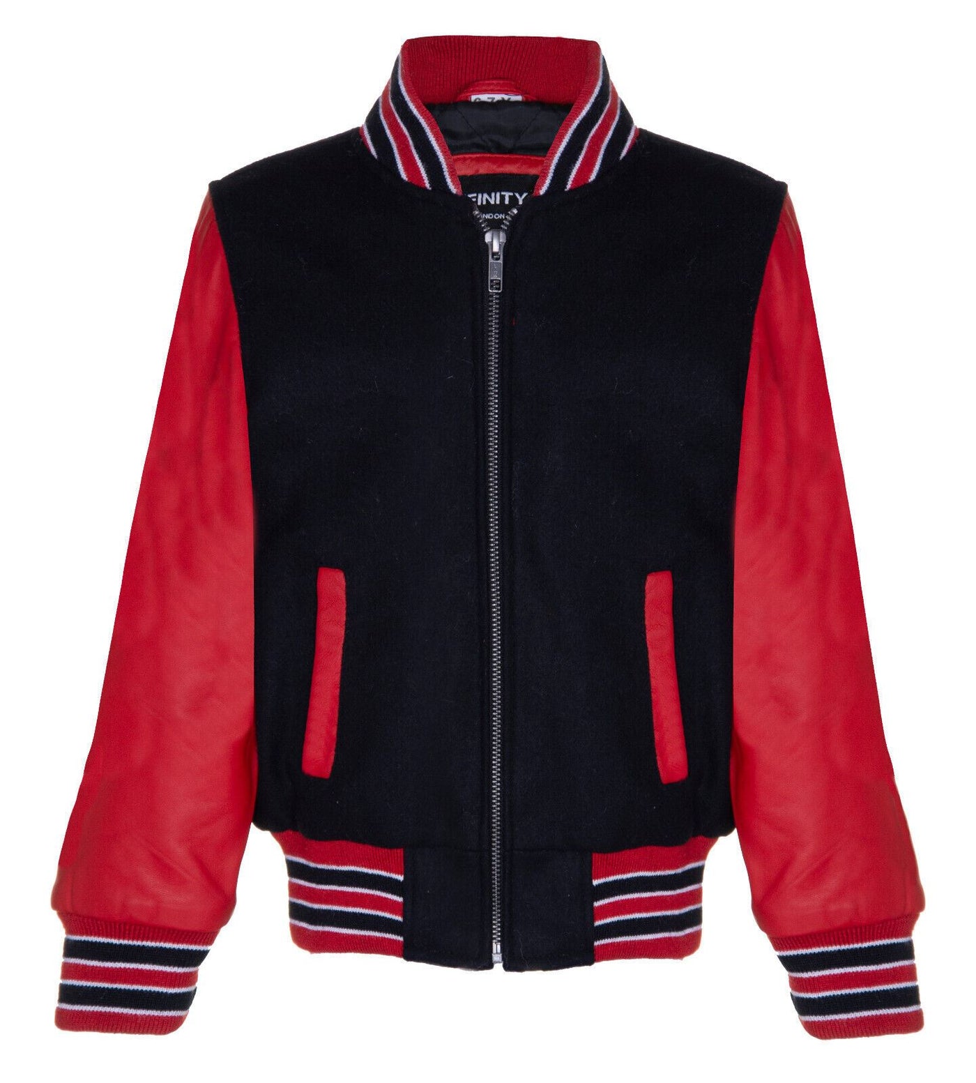 Kids Varsity Black & Red Bomber Jacket with Real Leather Sleeves 3-13 yrs