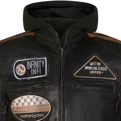 Mens Racing Hooded Leather Biker Jacket-Detroit