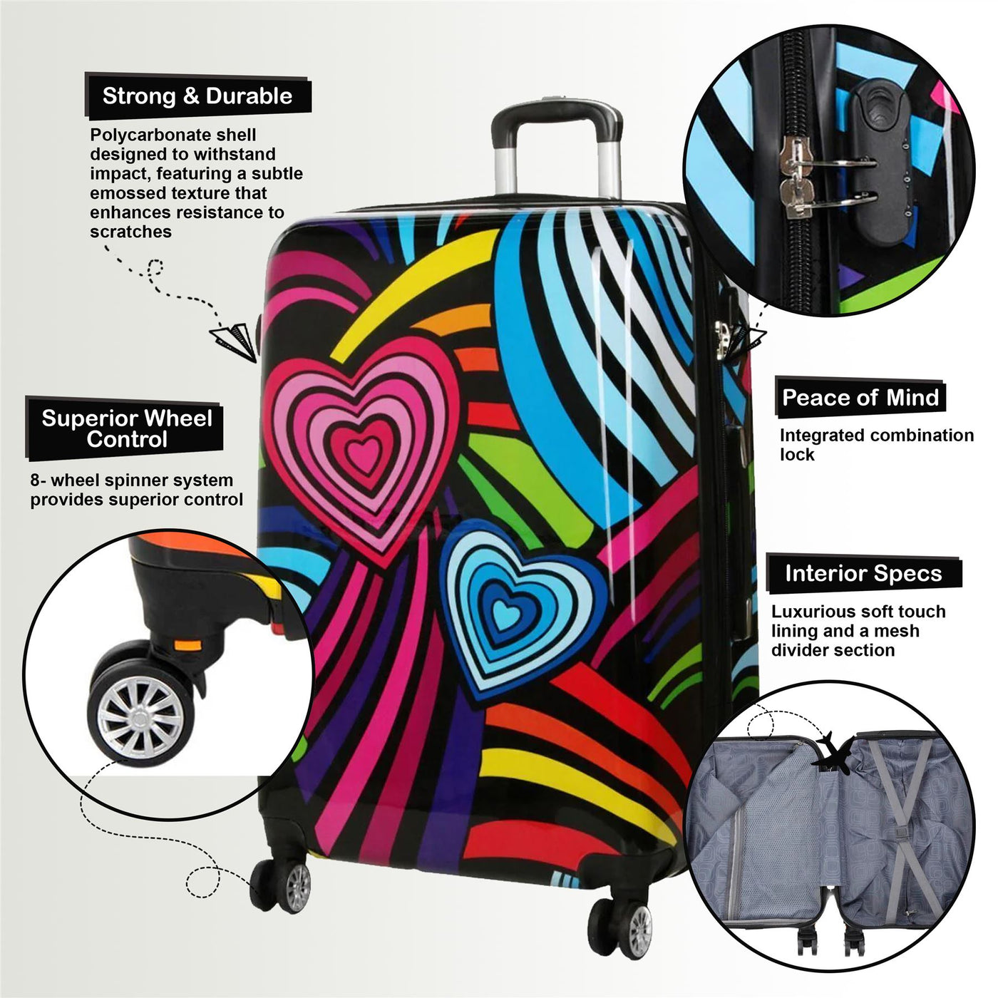 Hardside Shell Suitcase Set Hearts Print Luggage Lightweight Cabin Travel Bag