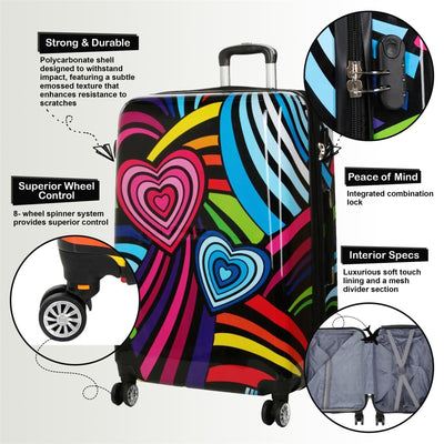 Hardside Shell Suitcase Set Hearts Print Luggage Lightweight Cabin Travel Bag