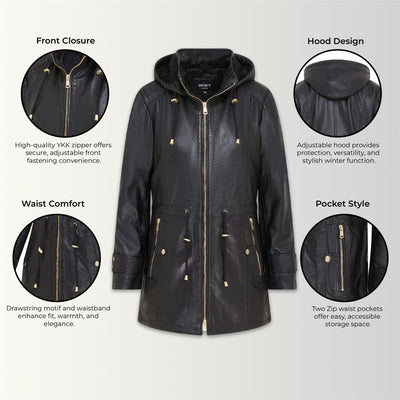 Women's Leather Parka Detachable Borg Hooded Trench Coat - Trekker