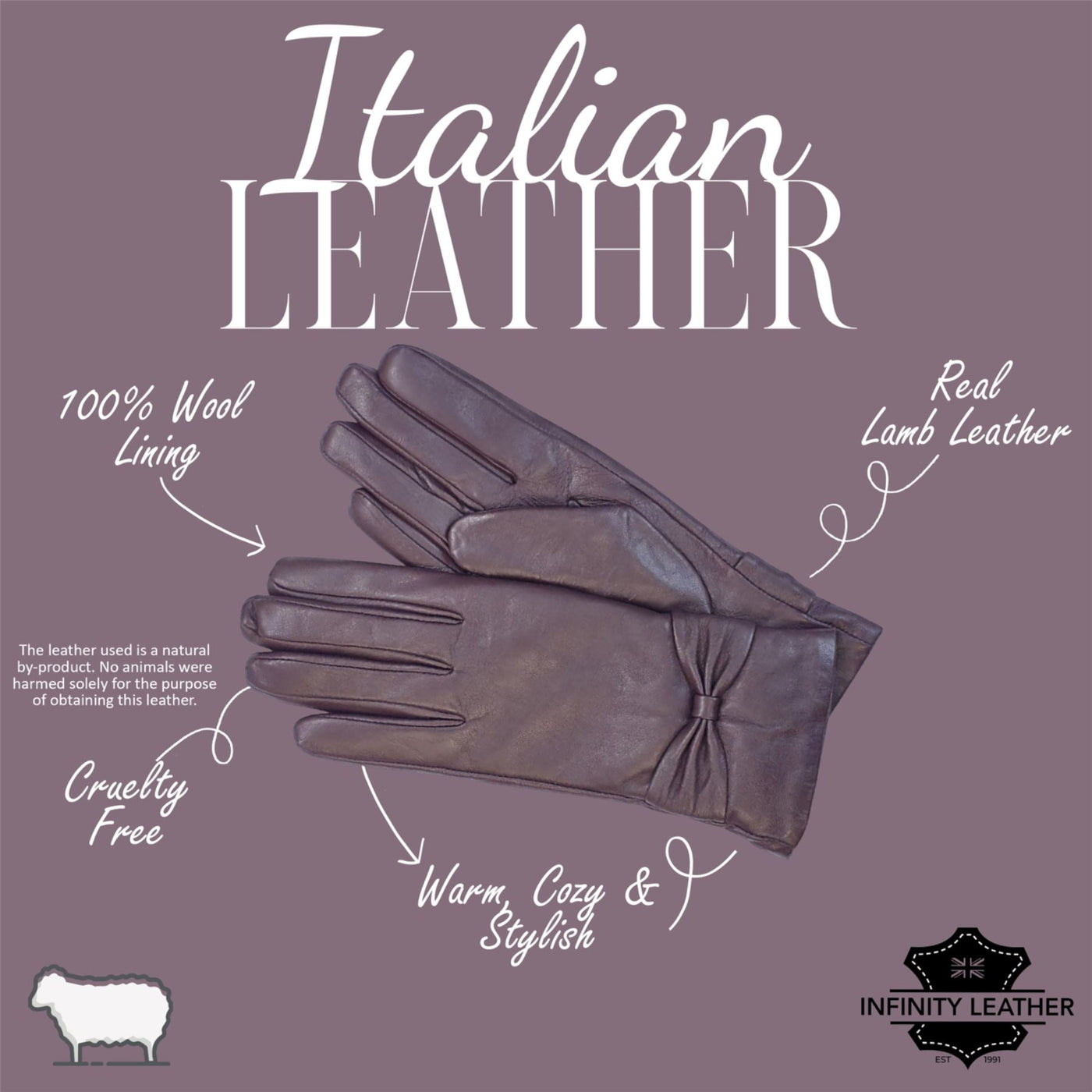 Womens Italian Leather Winter Bow Design Soft Wool Lining Gloves - L-GLV-401