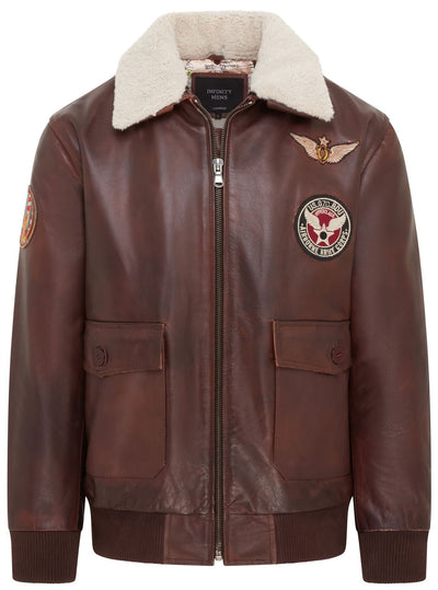 Mens Brown Cowhide Leather Aviator Bomber Jacket - Akhiok