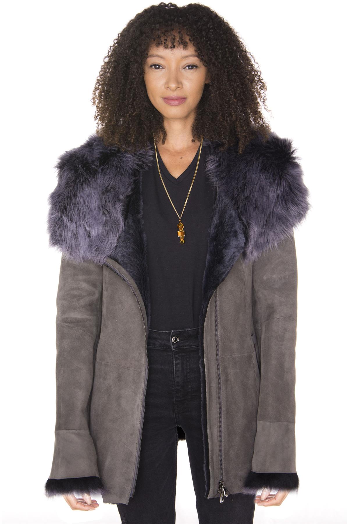 Womens Grey Suede Hooded Merino Sheepskin Coat-Monrovia