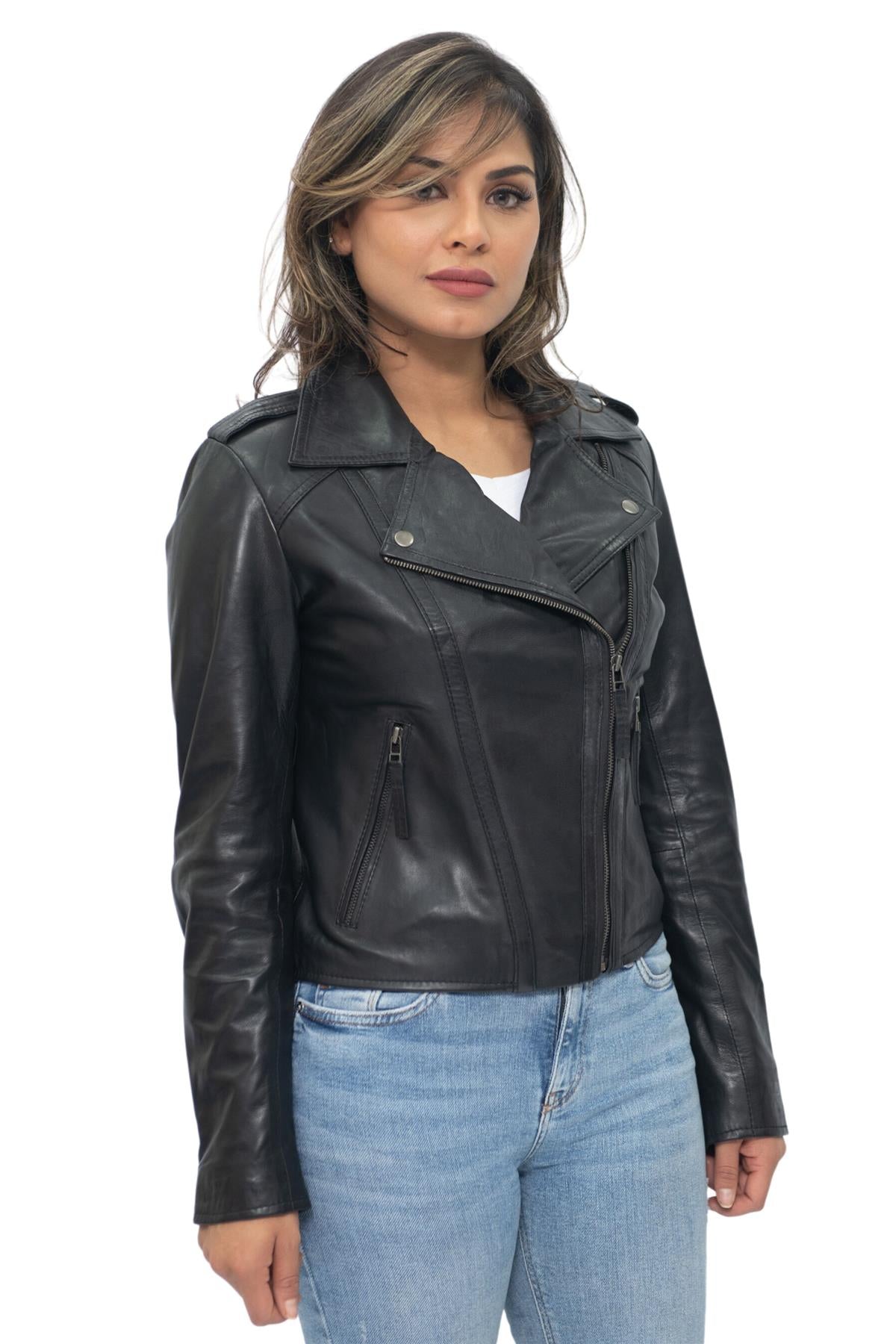 Womens Black Leather Biker Jacket-Tamale