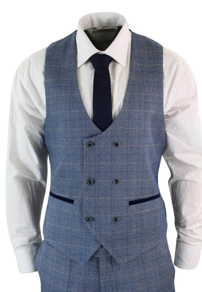 Mens 3 Piece Blue Grey Herringbone Check Suit