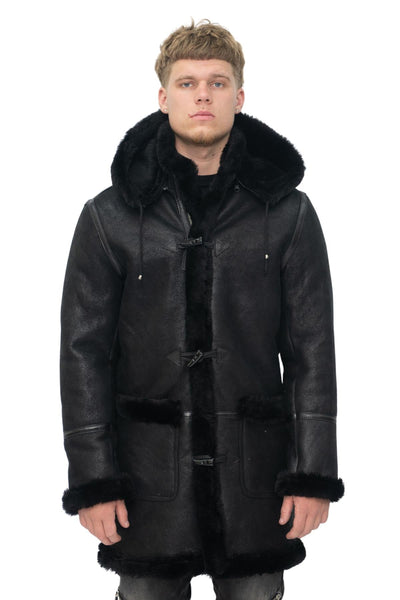 Mens Winter Sheepskin Hooded Duffle Coat-Isleworth