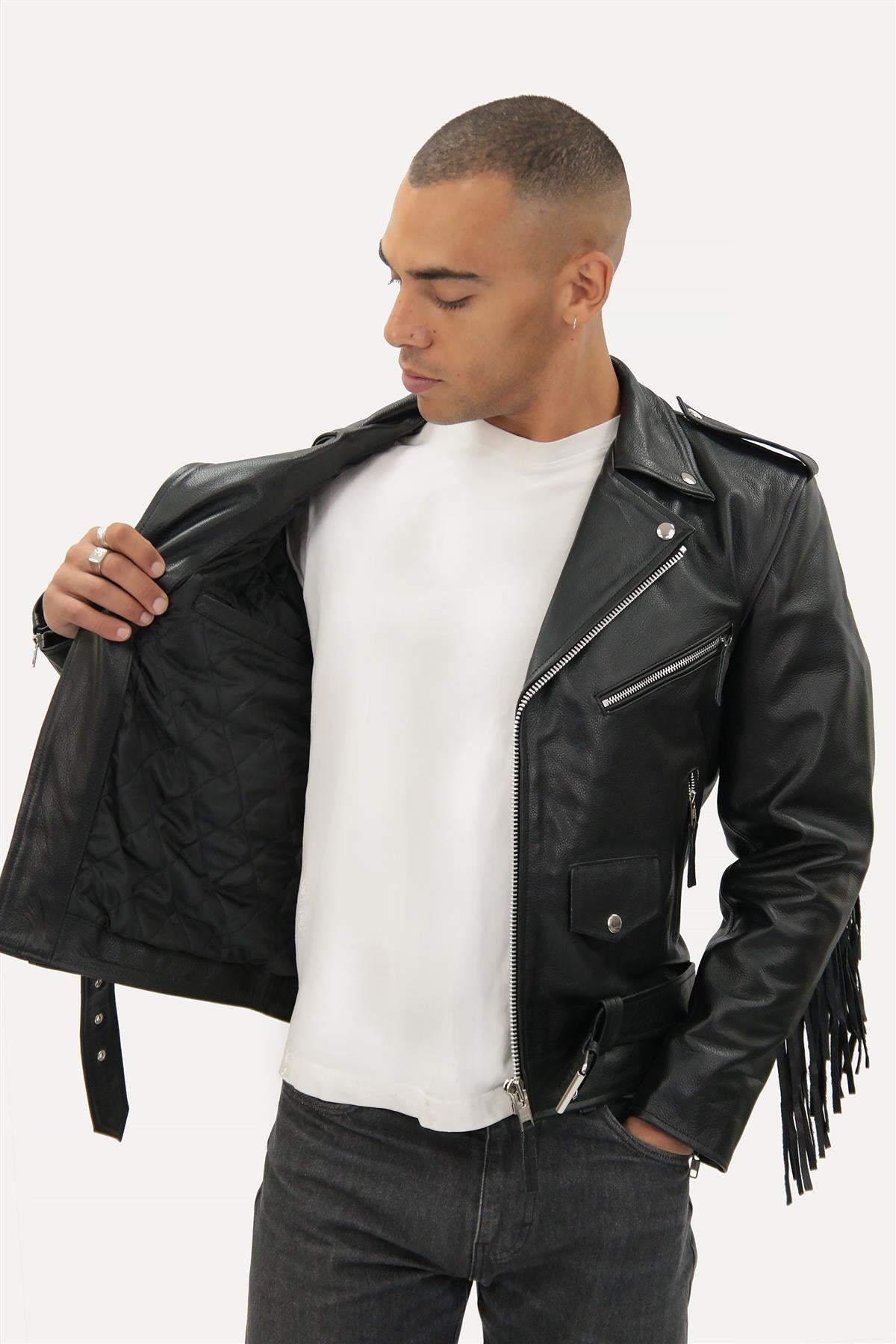 Mens Fringe Hide Leather Biker Jacket- Tokyo