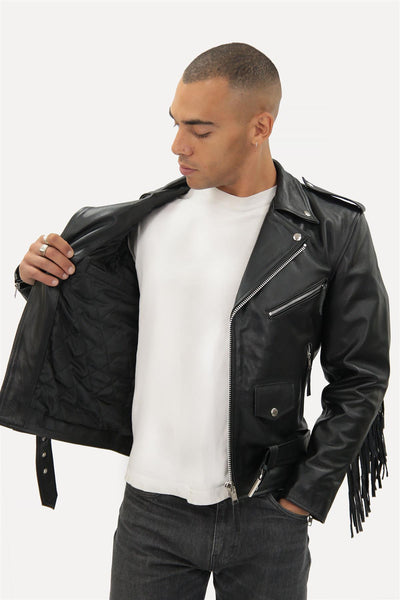 Mens Fringe Hide Leather Biker Jacket- Tokyo