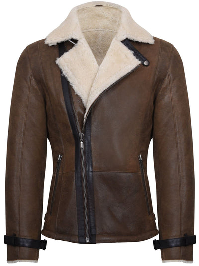 Mens Double Breasted Sheepskin Leather Biker Jacket-Manila