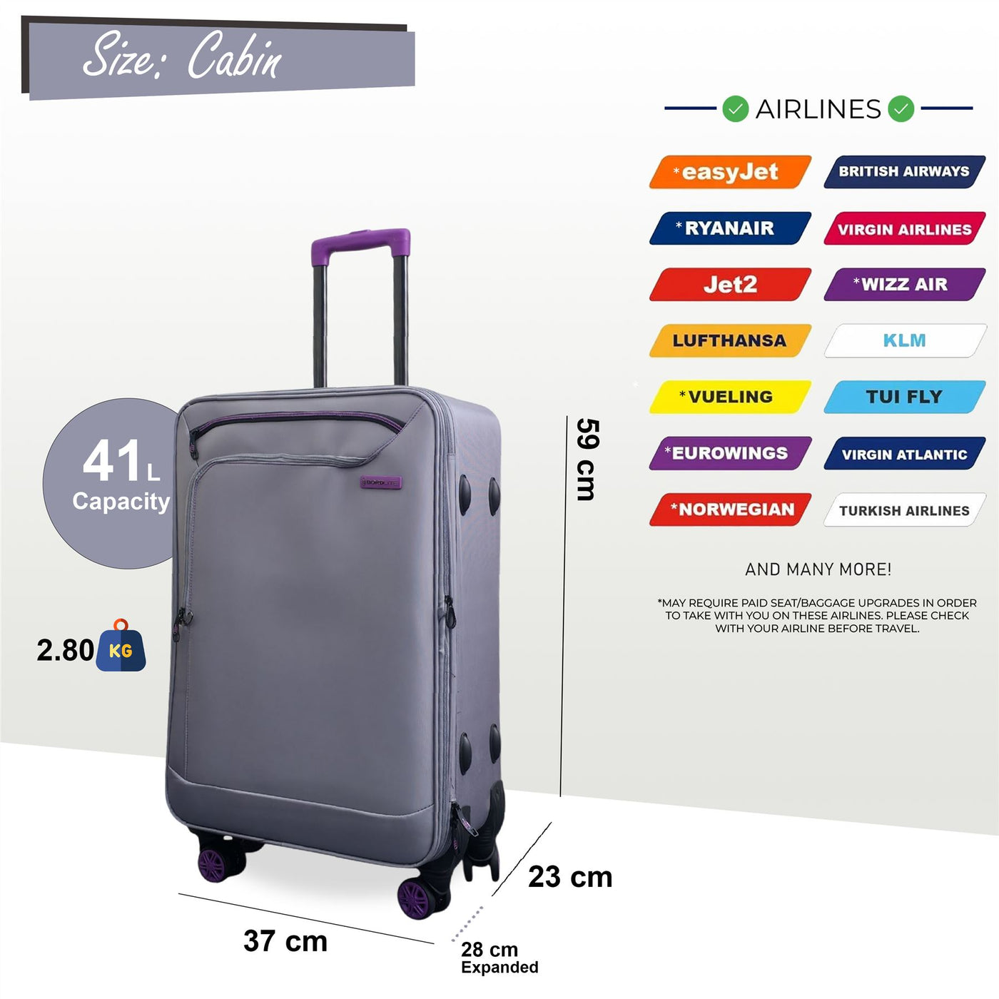 Soft Shell Cabin Suitcase 59 x 37 x 23 cm Luggage Suitable for Easyjet, Ryanair