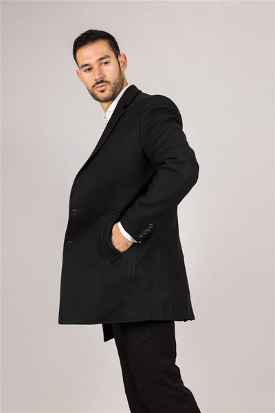 Men's Notched Lapel Collar Wool Blend Black Overcoat