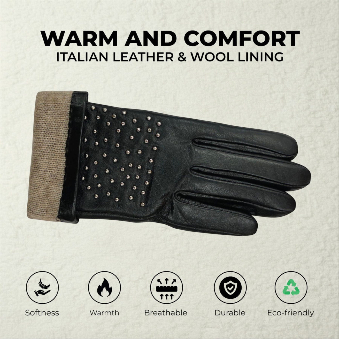 Womens Italian Leather Winter Studded Design Soft Wool Lining Gloves - L-GLV-601