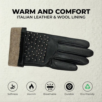 Womens Italian Leather Winter Studded Design Soft Wool Lining Gloves - L-GLV-601