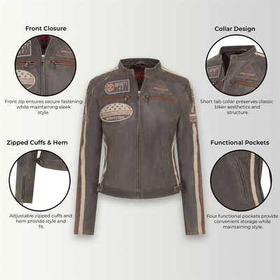 Womens Leather Biker Racing Badges Jacket-Agadir