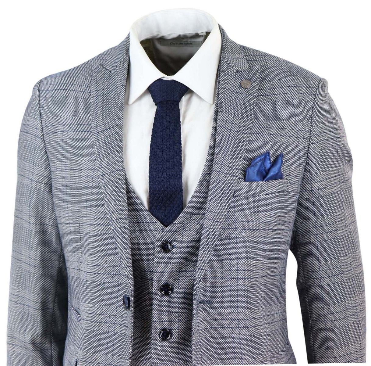 Mens 3 Piece Grey Birdseye Check Classic Suit