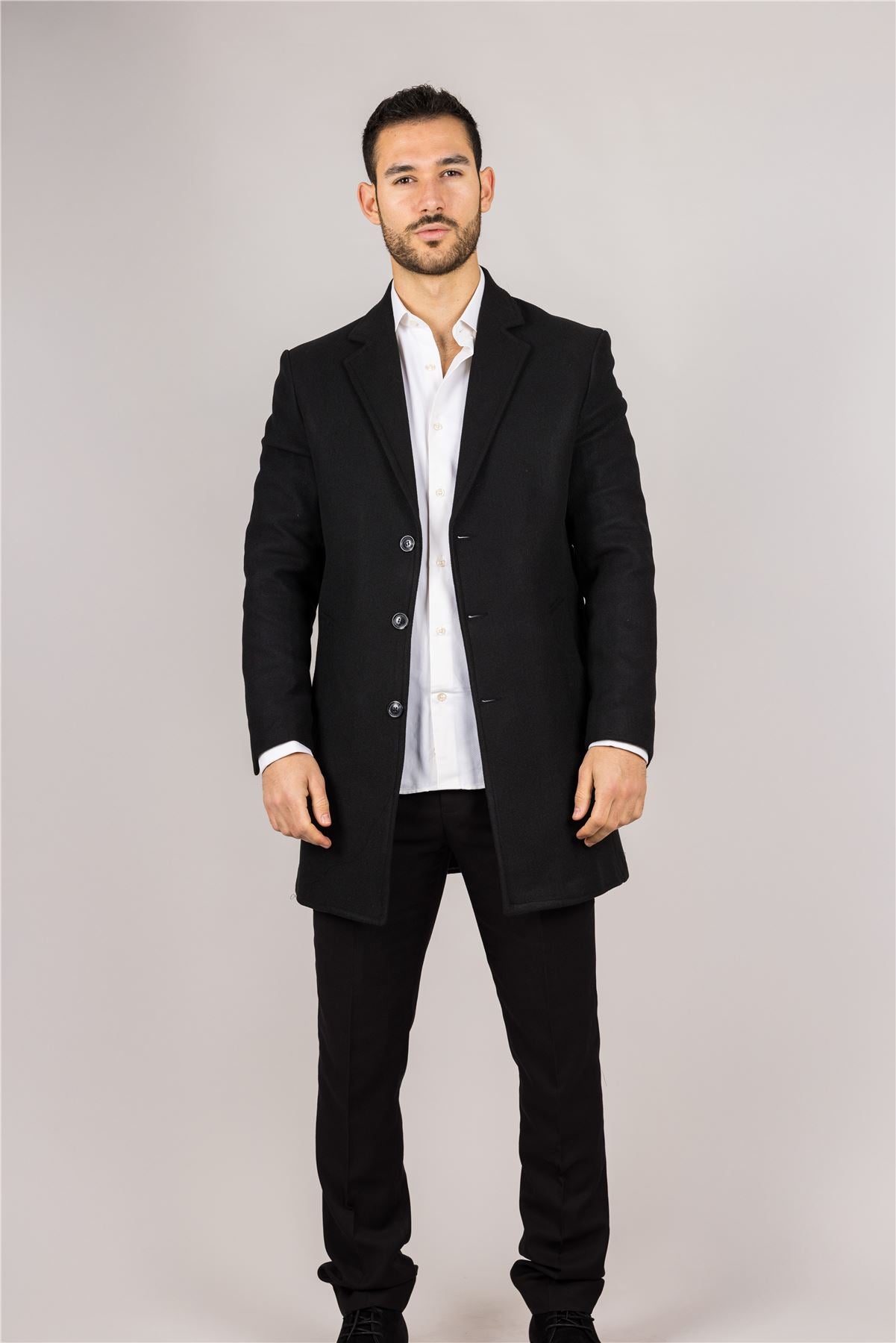 Men's Notched Lapel Collar Wool Blend Black Overcoat