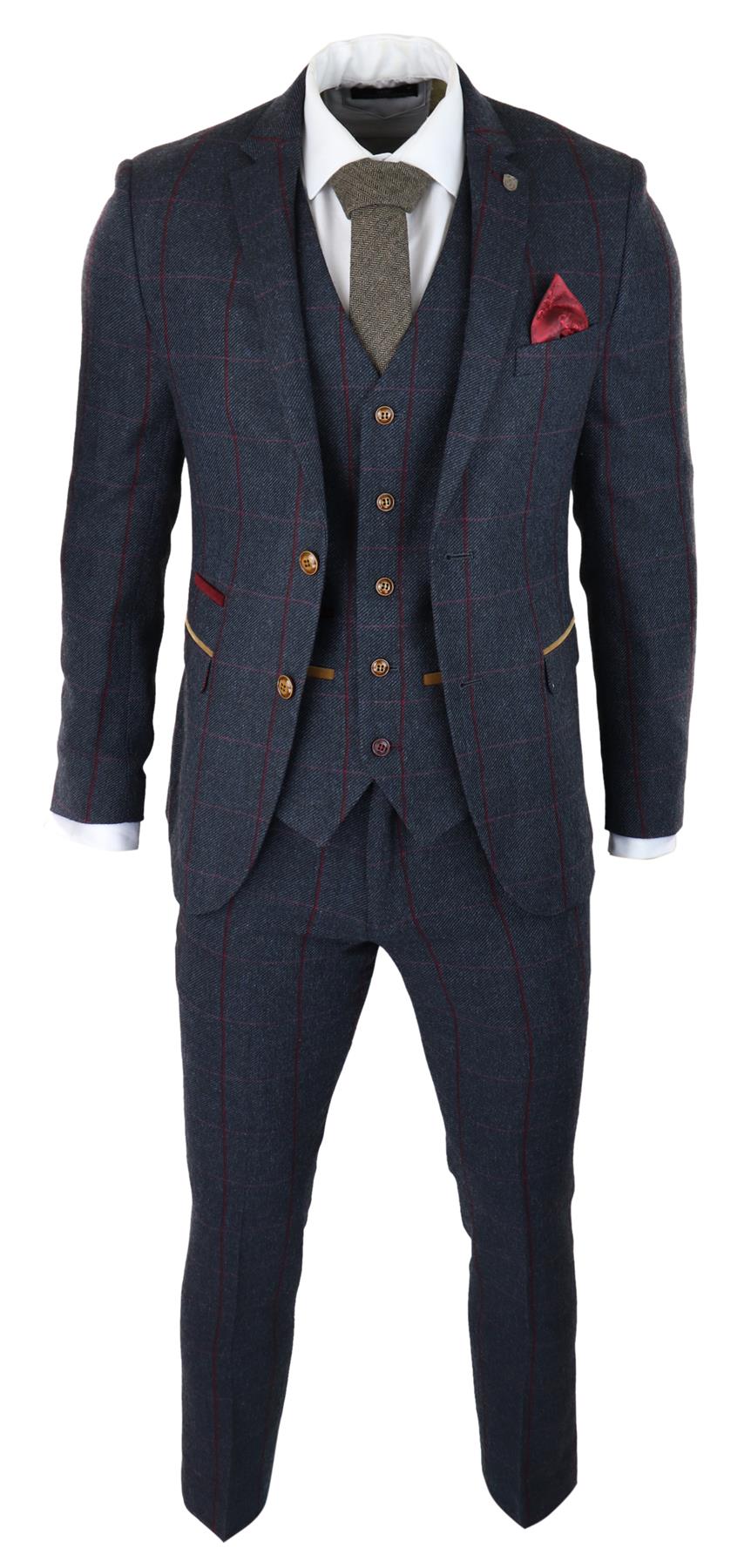 Mens Herringbone Tweed Suit 3 Piece Navy Blue Peaky Blinders 1920s Tailored Fit