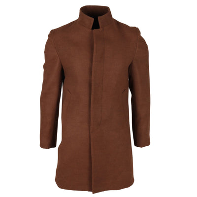 Men's Brown Stand Collar Wool Blend Overcoat