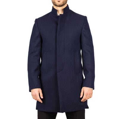 Men's Navy Stand Collar Wool Blend Overcoat